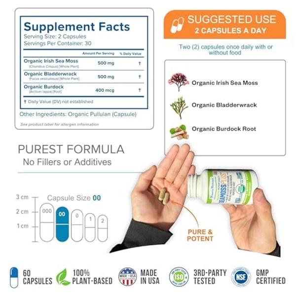 Power By Naturals Sea Moss Plus - USDA Organic Irish Sea Moss Capsules w/Wild Harvested Irish Seamoss, Bladderwrack & Burdock Root Immunity Supplement Sea Moss Pills for Adult 60Ct