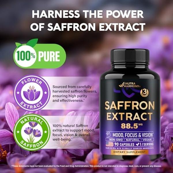 Natural Saffron Supplements - Pure Saffron Extract 88.5 mg - Made in USA - Mood | Focus | Vision | Energy Support - Eye Health for Women & Men - NonGMO Vegan Pills - 90 Powder Caps