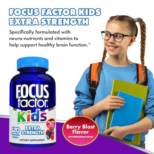 Focus Factor Kids Extra Strength Daily Chewable for Brain Health Support, 120 Count – Vitamins for Kids - Quality Formula – Gluten & Dairy Free Supplements for Children (2 Pack)