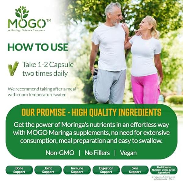 MOGO Organic Moringa Powder Capsules,180 Ct | Moringa Supplement for Energy, Immunity & Joint Health, Our Moringa Capsule Made with Pure Moringa Powder Organic,Vegan and Non GMO.