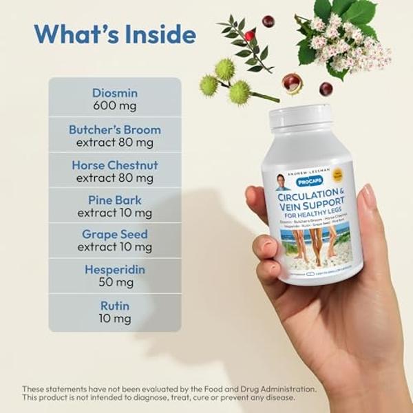 ANDREW LESSMAN Circulation, Vein Support for Healthy Legs 60 Capsules - High Bioactivity Diosmin, Butcher's Broom, Visibly Reduces Swelling and Discomfort in Feet, Ankles, Calves, 