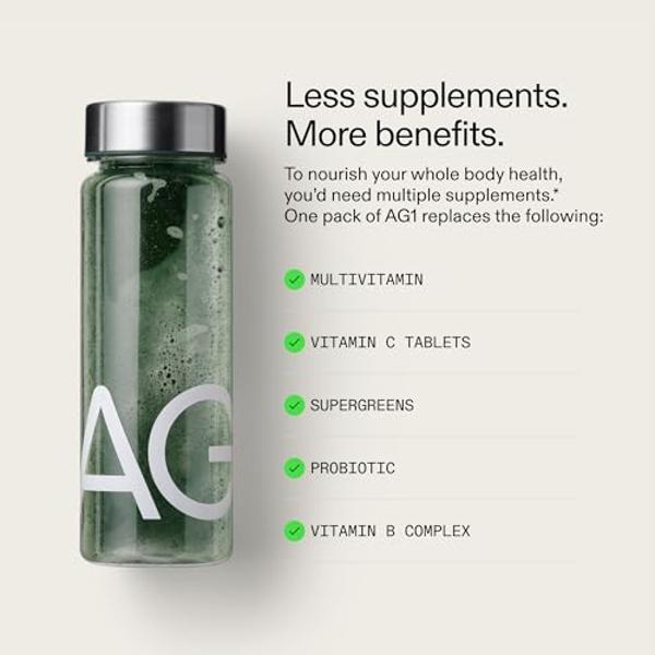 AG1 Athletic Greens Greens Powder Supplement, Improve Gut Health, Multivitamin, Probiotic, Gluten Free, Vegan and Keto Friendly, 75 Vitamins (Travel Packs, 15 Count)