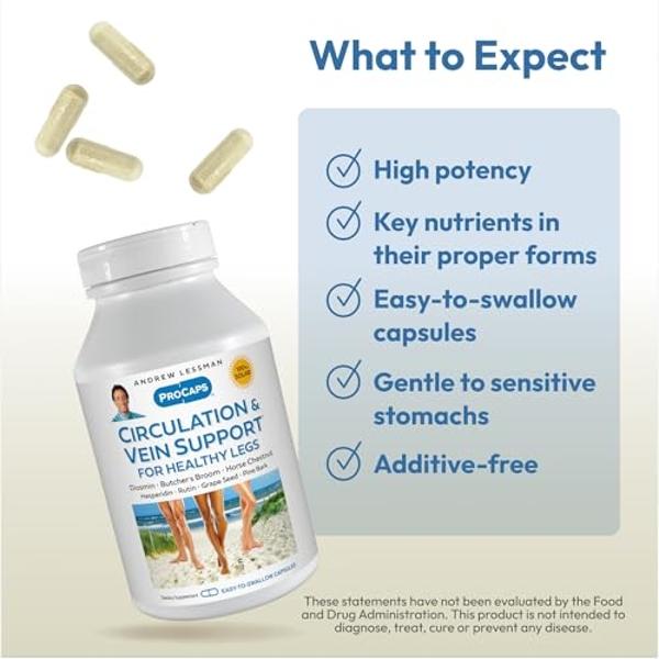 ANDREW LESSMAN Circulation, Vein Support for Healthy Legs 60 Capsules - High Bioactivity Diosmin, Butcher's Broom, Visibly Reduces Swelling and Discomfort in Feet, Ankles, Calves, 