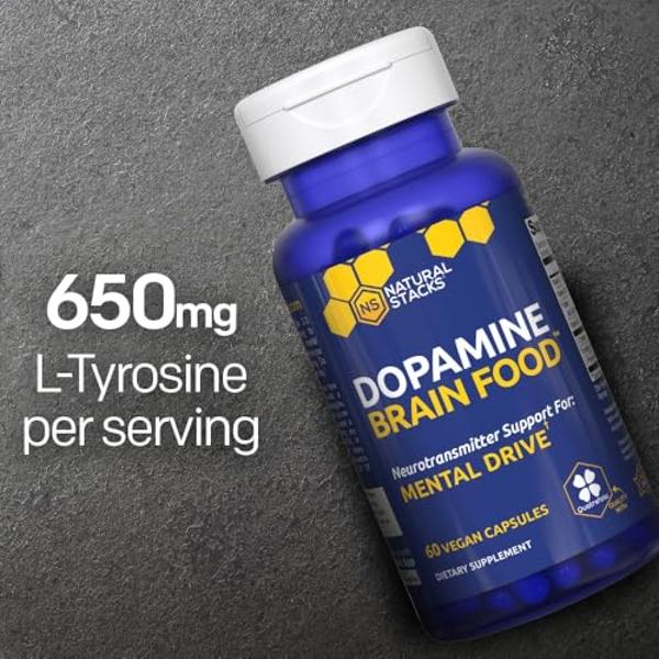 NATURAL STACKS Dopamine Brain Food - 650mg L-Tyrosine Supplement - Dopamine Supplement for Focus & Mental Drive - Supports Mental Energy - Neurotransmitter Support with B Vitamins 