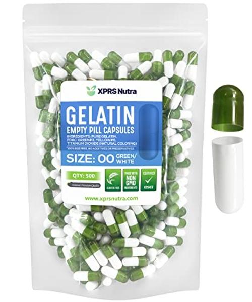 XPRS Nutra Size 00 Empty Capsules - 500 Count Empty Gelatin Capsules - Empty Pill Capsules - DIY Capsule Filling - Fillable Pill Capsules Empty Gel Caps (Green/White)