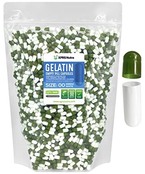 XPRS Nutra Size 00 Empty Capsules - 5000 Count Empty Gelatin Capsules - Pills DIY Capsule Filling - Fillable Pill Gel Caps (Green/White)