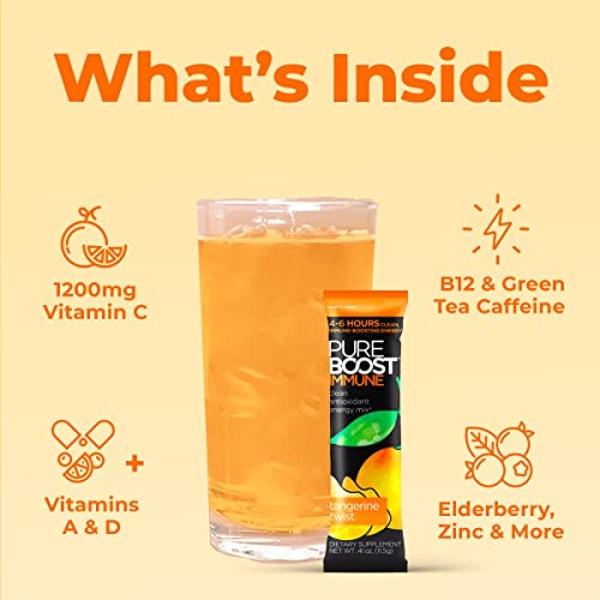 Pureboost Immune Clean Energy Booster, Refreshing Energy Drink Mix and Immunity Supplement with Elderberry, 1,200 mg Vitamin C, Vitamins A + D, and Zinc. (Tangerine Twist, 30 Count