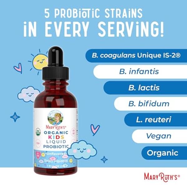 Kids Probiotic Liquid Drops by MaryRuth's | USDA Organic Probiotics for Digestive Health | Ages 4+ Gut Health & Immune Support Supplement | Overall Health | Vegan | Non-GMO | 1 Fl 