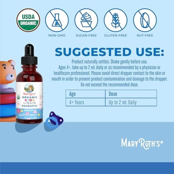 Kids Probiotic Liquid Drops by MaryRuth's | USDA Organic Probiotics for Digestive Health | Ages 4+ Gut Health & Immune Support Supplement | Overall Health | Vegan | Non-GMO | 1 Fl 