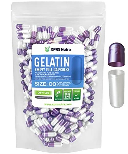XPRS Nutra Size 00 Empty Capsules - 500 Count Empty Gelatin Capsules - Pills DIY Capsule Filling - Fillable Pill Gel Caps for Do-It-Yourself Supplements (Pearl Purple/White)