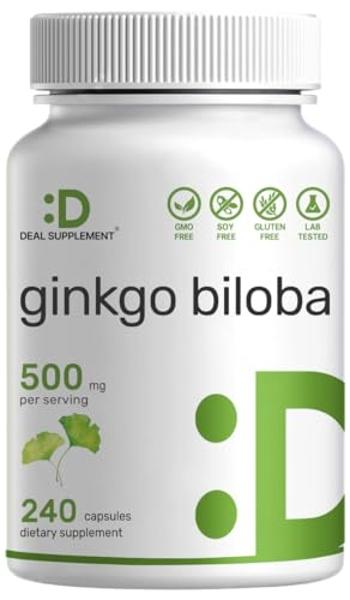 DEAL SUPPLEMENT Ginkgo Biloba 500mg Per Serving, 240 Capsules, 4 Month Supply – Grown in Northern Asia – Extra Strength, Promotes Brain Function