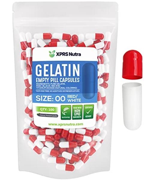 XPRS Nutra Size 00 Empty Capsules - 100 Count Empty Gelatin Capsules - Empty Pill Capsules - DIY Capsule Filling - Fillable Pill Capsules Empty Gel Caps (Red/White)