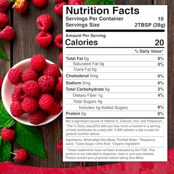 Irish Sea Moss Gel Organic Raw - Wildcrafted Superfood Seamoss Gel - Raspberry Flavor, Vitamin and Mineral-Rich from Pristine Caribbean Waters, Immune and Digestive Health Support 