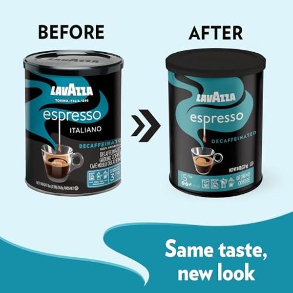 Lavazza Decaf Ground Espresso, Medium Roast, 8-Oz Cans (4 Pack) - Authentic Italian, Non GMO, Sweet & Fruity - Packaging May Vary