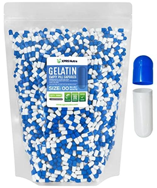 XPRS Nutra Size 00 Empty Capsules - 5000 Count Empty Gelatin Capsules - Pills DIY Capsule Filling - Fillable Pill Gel Caps for DIY Supplements (Blue/White)