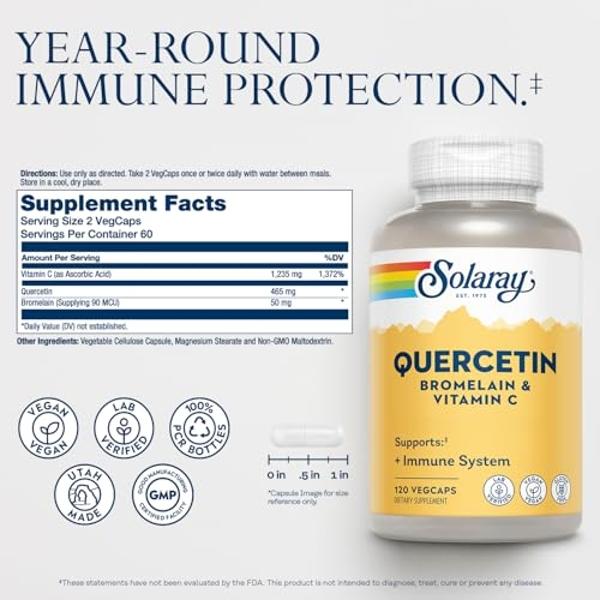 SOLARAY Quercetin with Bromelain and Vitamin C - Immune Support Supplement - Antioxidant and Heart Health Complex with Quercetin 500mg and 1235mg VIT C - Vegan, 60-Day Guarantee, 6