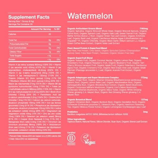 Huel Daily Greens Single Serve Watermelon| Superfood Greens Powder | 91 Vitamins, Minerals, and Wholefood-Sourced Ingredients | Adaptogens, Antioxidants, Gut-Friendly Probiotics | 