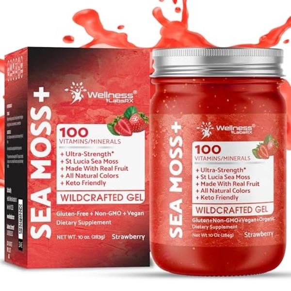 Irish Sea Moss Gel Organic Raw - Wildcrafted Superfood Seamoss Gel - Strawberry Flavor, Vitamin and Mineral-Rich from Pristine Caribbean Waters, Immune and Digestive Health Support