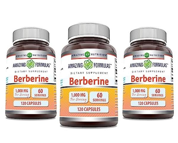 Amazing Formulas Berberine 1000mg Per Serving Capsules Supplement | Non GMO | Gluten Free | Made in USA (120 | 3 Pack)