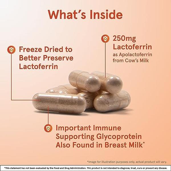 Jarrow Formulas Lactoferrin 250 mg - Immune-Supporting Glycoprotein - For Healthy Immune System Support & Iron Absorption - Freeze Dried - Gluten Free - Non-GMO - 30 Capsules (Serv