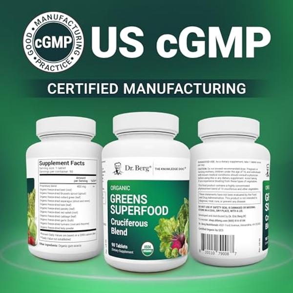 Dr. Berg's Greens Superfood Cruciferous Vegetable Tablets - Vegetable Supplements for Adults w/ 11 Phytonutrient Super Greens Tablets - Energy, Immune System & Liver Veggie Tablets