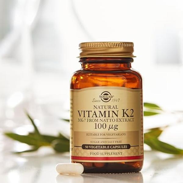 Solgar Vitamin K2 MK7 100mcg Vegetable Capsules Supports Bone Health Natural Whole Food Source from Natto Extract NonGMO Gluten Free Servings, Original, 50 Count