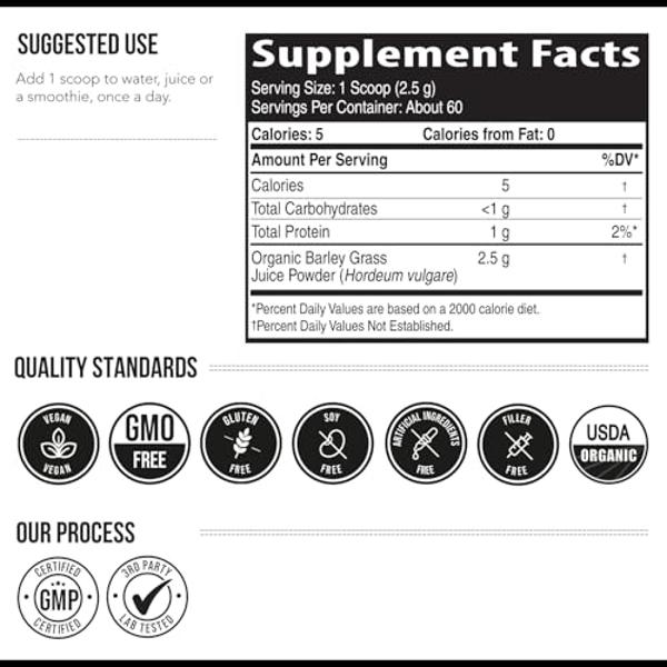 Organic Barley Grass Juice Powder - Grown in Volcanic Soil of Utah - Raw & BioActive Form, Cold-Pressed then CO2 Dried – Gluten Free, GMO free, Vegan - Complements Wheatgrass Juice