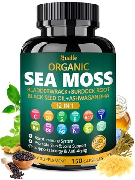 Bualle Organic Sea Moss Capsules with Sea Moss,Black Seed Oil,Ashwagandha,Bladderwrack,Ginger,Burdock Root for Immune System,Skin,Energy Support-150 Capsules (1 Pack)