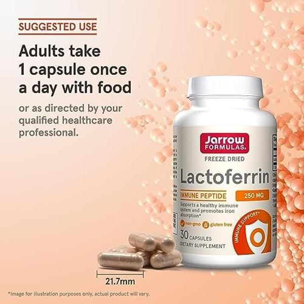 Jarrow Formulas Lactoferrin 250 mg - Immune-Supporting Glycoprotein - For Healthy Immune System Support & Iron Absorption - Freeze Dried - Gluten Free - Non-GMO - 30 Capsules (Serv