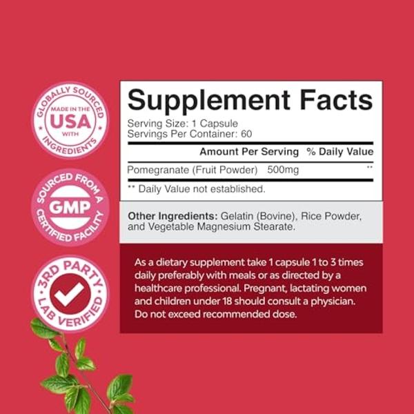 Pomegranate Extract Capsules Antioxidant Supplement - Natural Pomegranate Capsules for Heart Health Joint Support and Pre Workout for Men and Women - Nitric Oxide Supplement with B