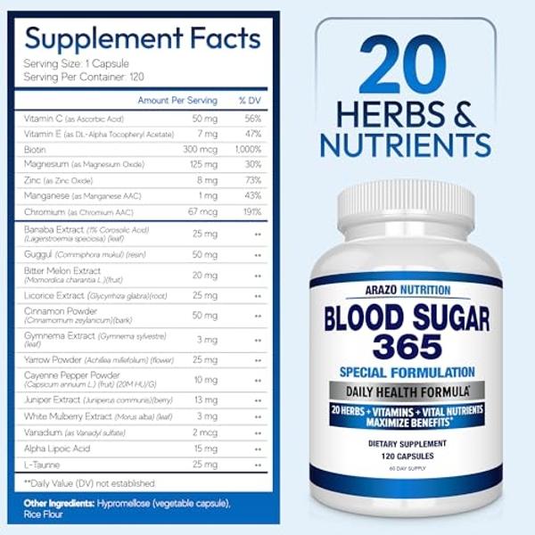 Arazo Nutrition Blood Sugar 365 Supplement – Supports Healthy Energy Levels - 120 Herbal Pills - 60 Day Supply