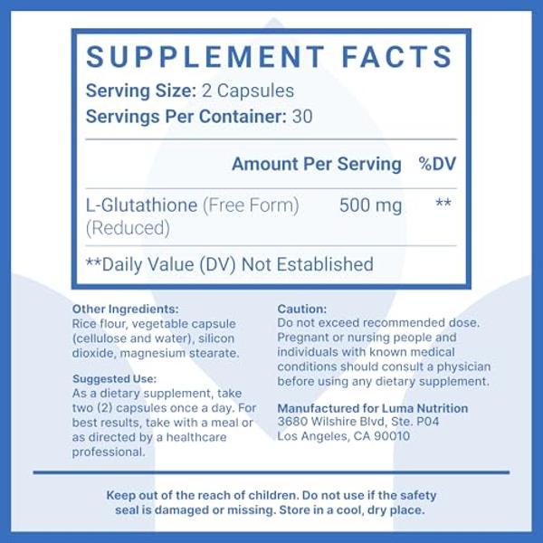 Premium Glutathione Supplement - 500mg - L-Glutathione - Antioxidant Support - Reduced - Liver Support - 60 Capsules