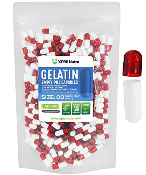 XPRS Nutra Size 00 Empty Capsules - 500 Count Empty Gelatin Capsules - Pills DIY Capsule Filling - Fillable Pill Gel Caps for Do-It-Yourself Supplements (Clear Red/White)