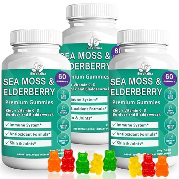 BIO VITALICA Sea Moss Gummies Elderberry BioVitalica - Vitamin C D + Zinc - Irish Seamoss Vegan Gummy with Sea Moss Gel & Powder for Immunity, Detox - for Adults and Kids (3Packs)