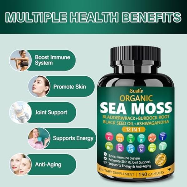 Bualle Organic Sea Moss Capsules with Sea Moss,Black Seed Oil,Ashwagandha,Bladderwrack,Ginger,Burdock Root for Immune System,Skin,Energy Support-150 Capsules (1 Pack)