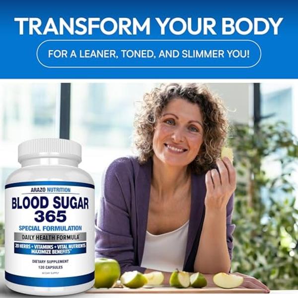 Arazo Nutrition Blood Sugar 365 Supplement – Supports Healthy Energy Levels - 120 Herbal Pills - 60 Day Supply