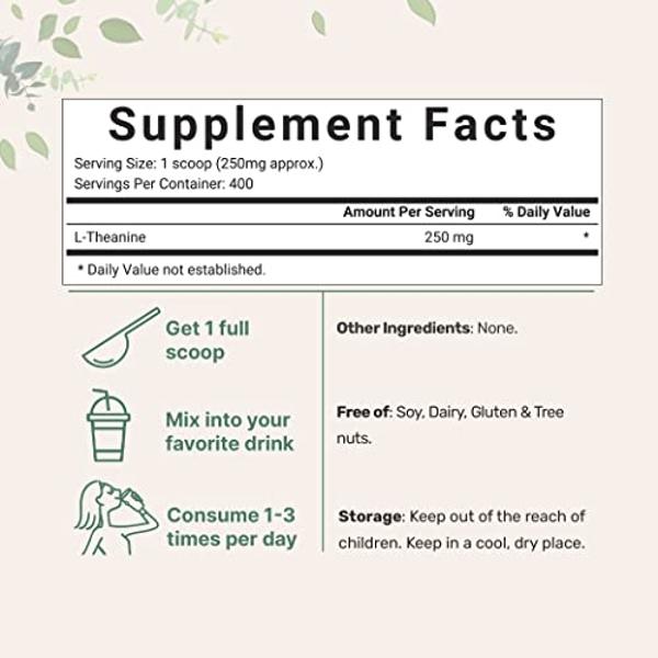 Pure L-Theanine Powder, 100 Grams (1 Year Supply), Filler Free, No GMOs and Vegan Friendly