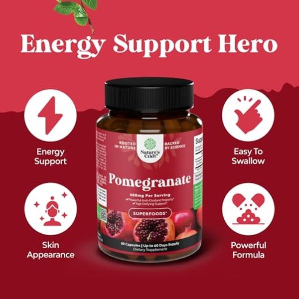 Pomegranate Extract Capsules Antioxidant Supplement - Natural Pomegranate Capsules for Heart Health Joint Support and Pre Workout for Men and Women - Nitric Oxide Supplement with B