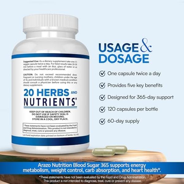 Arazo Nutrition Blood Sugar 365 Supplement – Supports Healthy Energy Levels - 120 Herbal Pills - 60 Day Supply