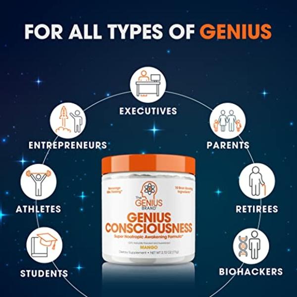Genius Consciousness, Super Nootropic Brain Supplement Powder, Mango - Boost Focus, Cognitive Function, Concentration & Memory Booster - Alpha GPC & Lions Mane Mushroom for Neuro E
