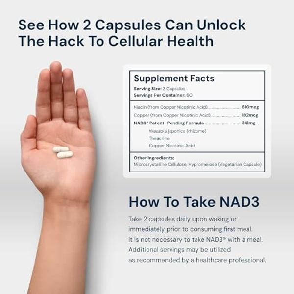 HPN Supplements NAD3 NAD+ Booster | Size 2 Month Supply | Clinically Proven & Independently Tested - Metabolic Repair | 312 mg/ Serving - 120 Capsules