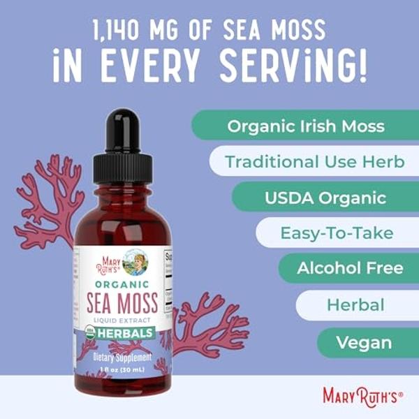MaryRuth Organics USDA Irish Sea Moss Liquid Drops | Organic Irish Moss | Chondrus crispus | Formulated for Adults & Kids Ages 14+ | Unflavored | Sugar Free | Vegan | Non-GMO | 1 F