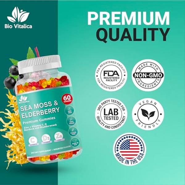 BIO VITALICA Sea Moss Gummies Elderberry BioVitalica - Vitamin C D + Zinc - Irish Seamoss Vegan Gummy with Sea Moss Gel & Powder for Immunity, Detox - for Adults and Kids (2Packs)