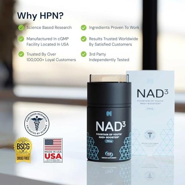 HPN Supplements NAD3 NAD+ Booster | Size 2 Month Supply | Clinically Proven & Independently Tested - Metabolic Repair | 312 mg/ Serving - 120 Capsules