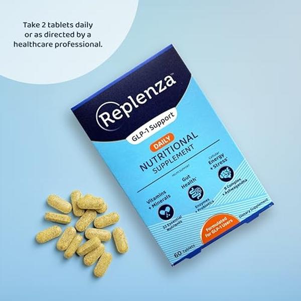 Replenza Daily GLP-1 Nutritional Support Supplement, Essential Vitamins and Minerals, Support for Gut Health, Stress and Cellular Energy – 60 Tablets