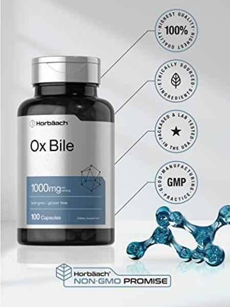 Horbäach Ox Bile Supplement | 1000mg | 100 Capsules | Digestive Enzymes Supplement | Non-GMO & Gluten Free