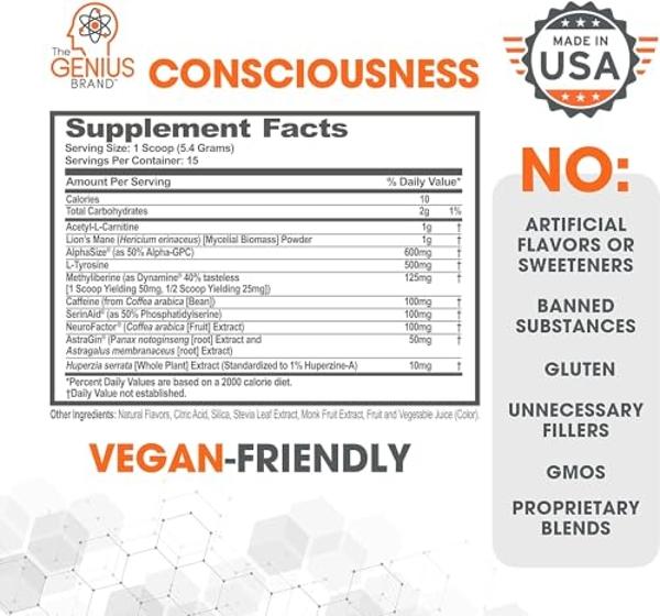 Genius Consciousness, Super Nootropic Brain Supplement Powder, Mango - Boost Focus, Cognitive Function, Concentration & Memory Booster - Alpha GPC & Lions Mane Mushroom for Neuro E