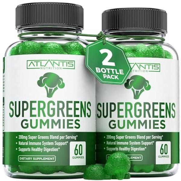 Supergreens Gummies 2-Pack Daily Green Supplement w/Spinach, Broccoli, Moringa, Beet Root, Celery, Green Tea, & Acai for Immunity Support - W/Natural Raspberry Flavor - Contains 12