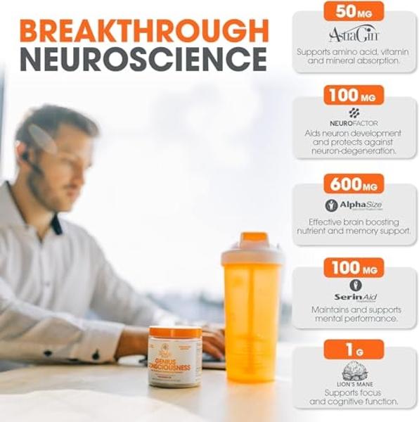 Genius Consciousness, Super Nootropic Brain Supplement Powder, Mango - Boost Focus, Cognitive Function, Concentration & Memory Booster - Alpha GPC & Lions Mane Mushroom for Neuro E