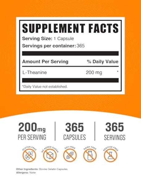 BulkSupplements.com L-Theanine Capsules - L-Theanine 200mg, Amino Acid Supplement - Gluten Free, 1 Capsule per Serving, 365 Count (Pack of 1)